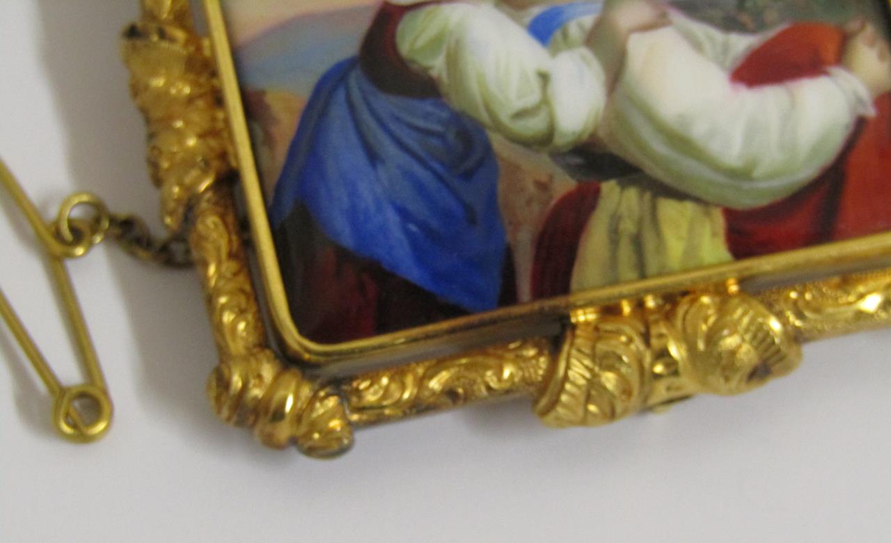 Tested as possibly 15ct gold mounted hand painted brooch depicting mother & child  (slight damage to - Image 3 of 5