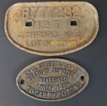 (Railwayana) 2 cast iron builder's plates Charles Roberts & Co and Ashford 1957