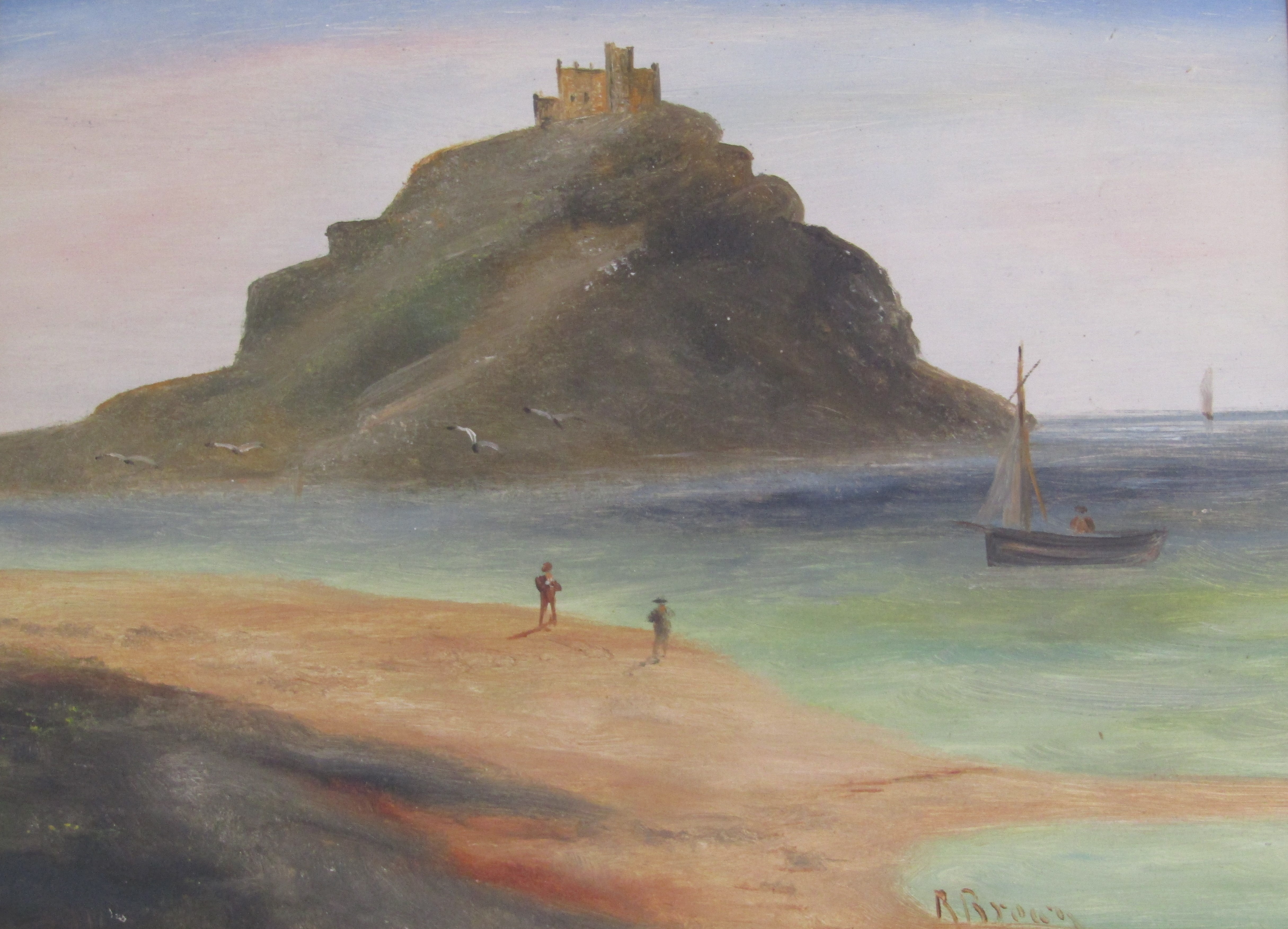 3 oil on boards - St Michael's Mount Cornwall with sailing boats and people on Marazion shore signed - Image 2 of 5