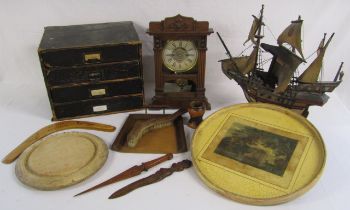 Wooden table drawers, clock, Galleon, tray, table tray and brush, bread board, boomerang etc