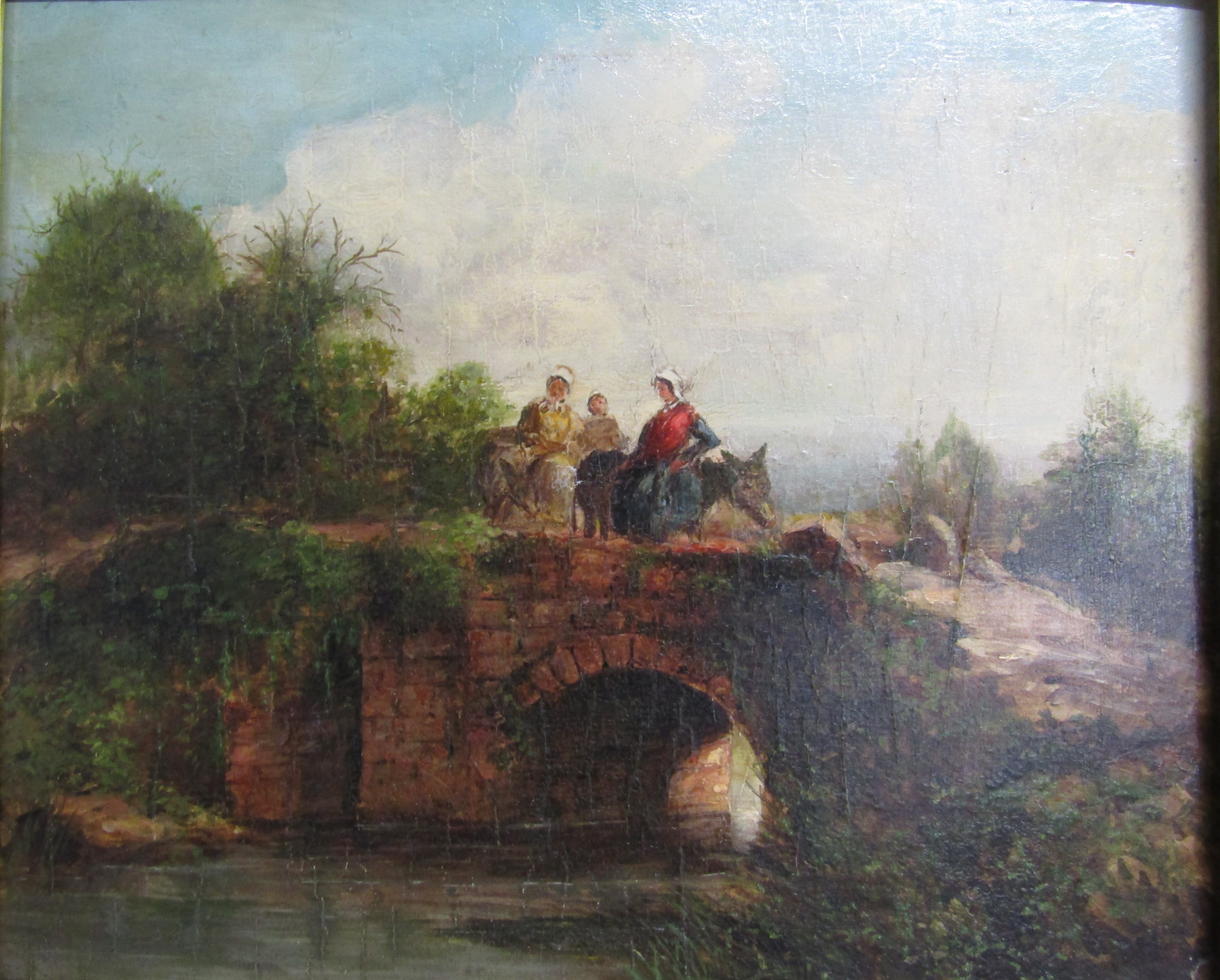 Framed oil on board - unsigned - ladies on donkeys crossing a country bridge - approx. 45cm x 41cm