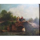 Framed oil on board - unsigned - ladies on donkeys crossing a country bridge - approx. 45cm x 41cm