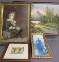 A Whitman oil on canvas, "Bubbles" framed print after Millais, Golfers print and one other