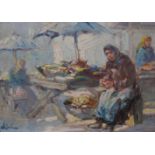 Gilt framed oil on board depicting a market scene signed lower left Erno Erb (Polish 1878-1943)