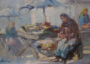 Gilt framed oil on board depicting a market scene signed lower left Erno Erb (Polish 1878-1943)