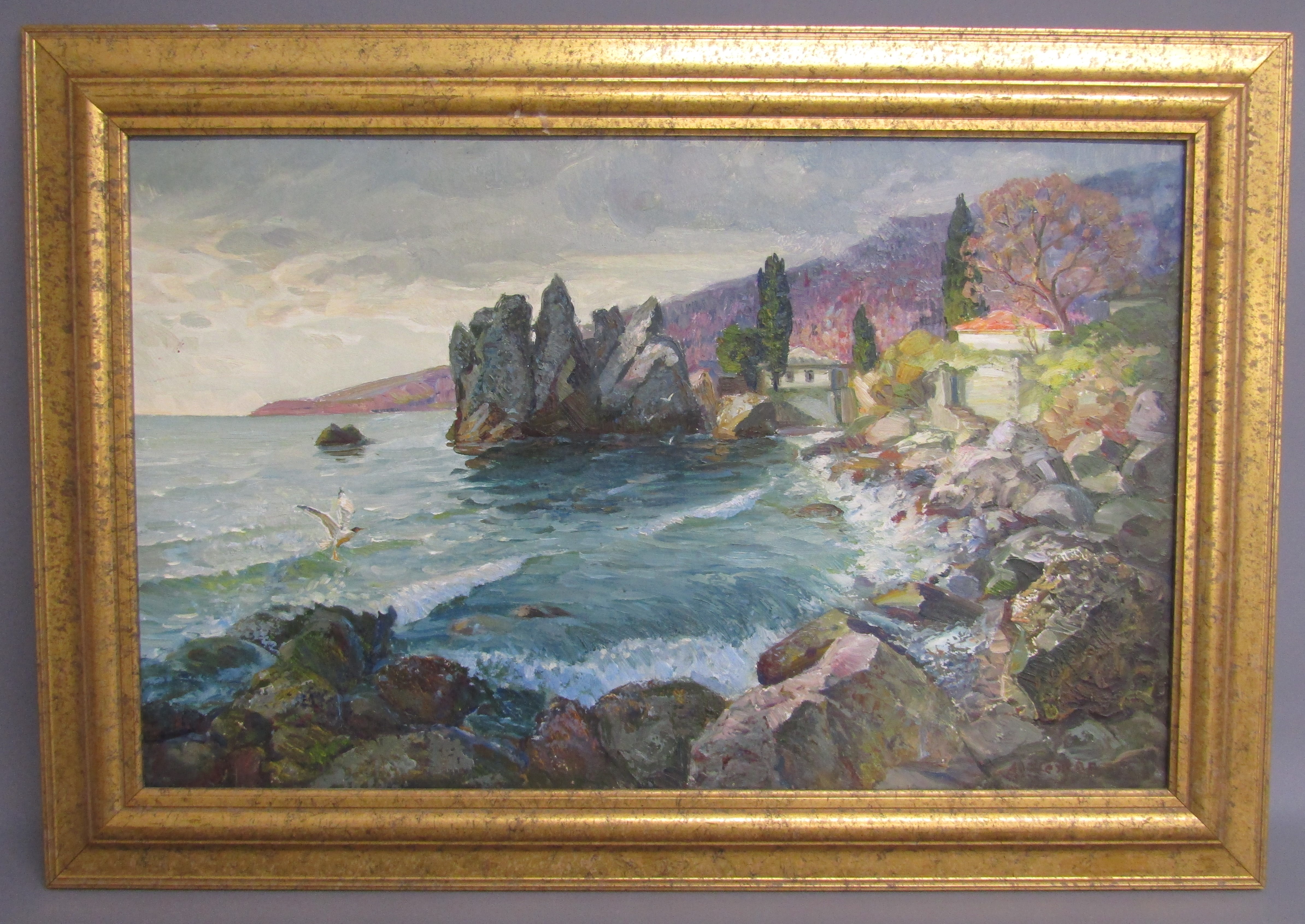 Ahatoniu Zhezher 'Chekhov Bay Gurzuf' oil on board - approx. 94.5cm x 65.5cm - Image 2 of 8