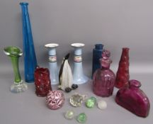 Glassware includes penguin, paperweight, bottles, Whitefriars type bud vase & a pair of ceramic