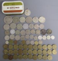 Collection of mixed coins includes George VI three pence's, Hong Kong cent, pesetas, TT 50p,