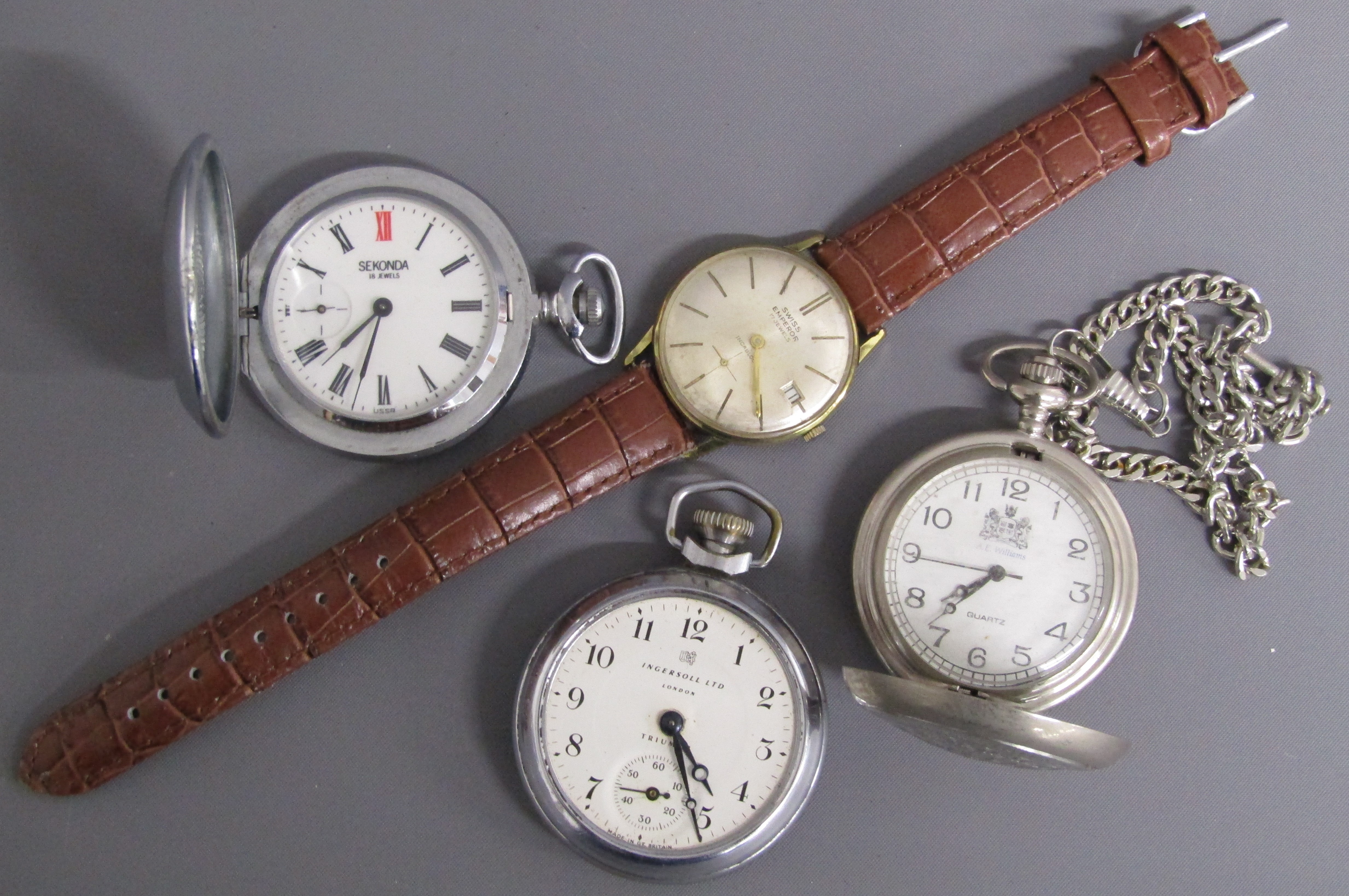 Ingersoll Triumph, A.E Williams and Sekonda pocket watches along with a Swiss Emperor incabloc