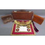 Masonic items includes leather case embossed J.C.G, Masonic apron, leather pouch marked Bro D