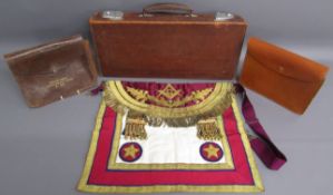 Masonic items includes leather case embossed J.C.G, Masonic apron, leather pouch marked Bro D