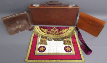 Masonic items includes leather case embossed J.C.G, Masonic apron, leather pouch marked Bro D