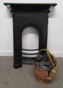 Cast iron fire surround - approx. 66cm x 90cm with copper and brass coal bucket with shovel and