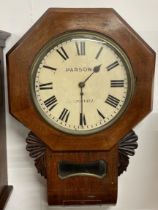 American drop dial wall clock Parsons of Pentonville with key & pendulum Ht 68cm W 46cm