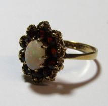 9ct gold opal and garnet ring - ring size R - total weight 4.05g