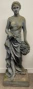 Classical garden statue of a young lady with a basket of flowers, of composite construction, Ht