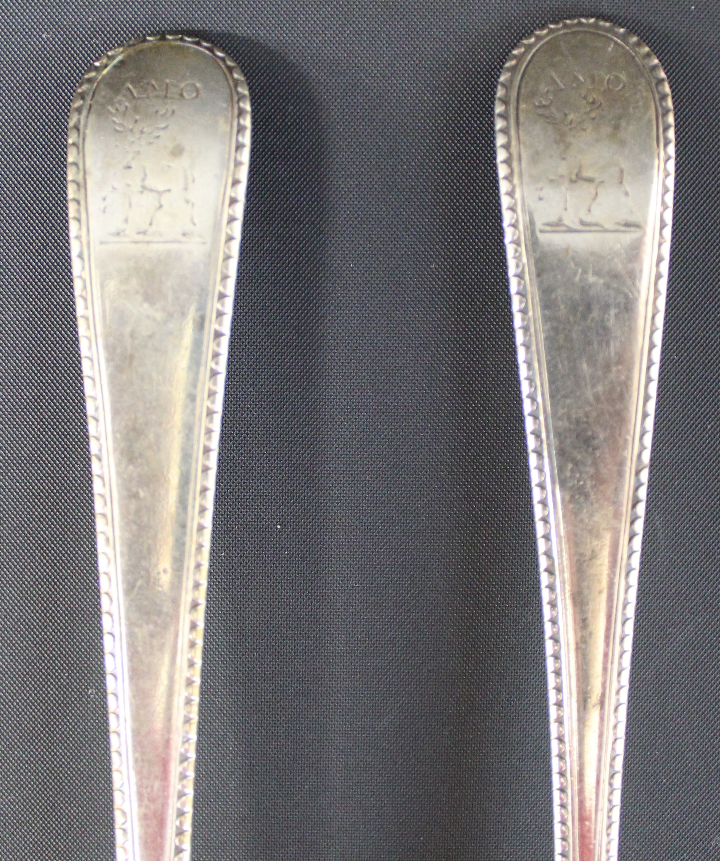 Pair of Georgian silver serving spoons London 1777, maker Thomas Nash I, 4.34ozt, with engraved - Image 2 of 2