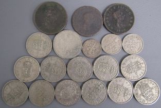 Small collection of coins includes Elizabeth II one shilling and six pence's, 1949 USA dime,