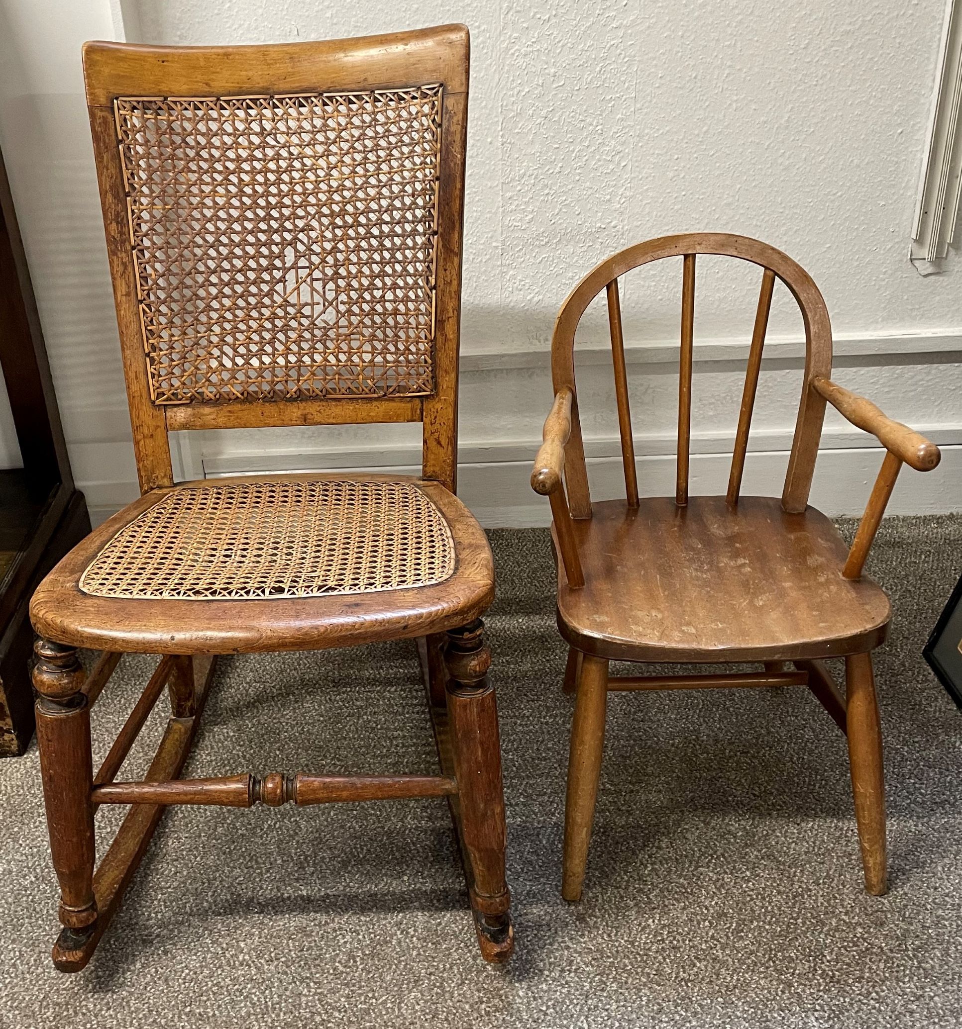 Later Victorian/Edwardian cane seated rocking chair & a child's hoop back chair