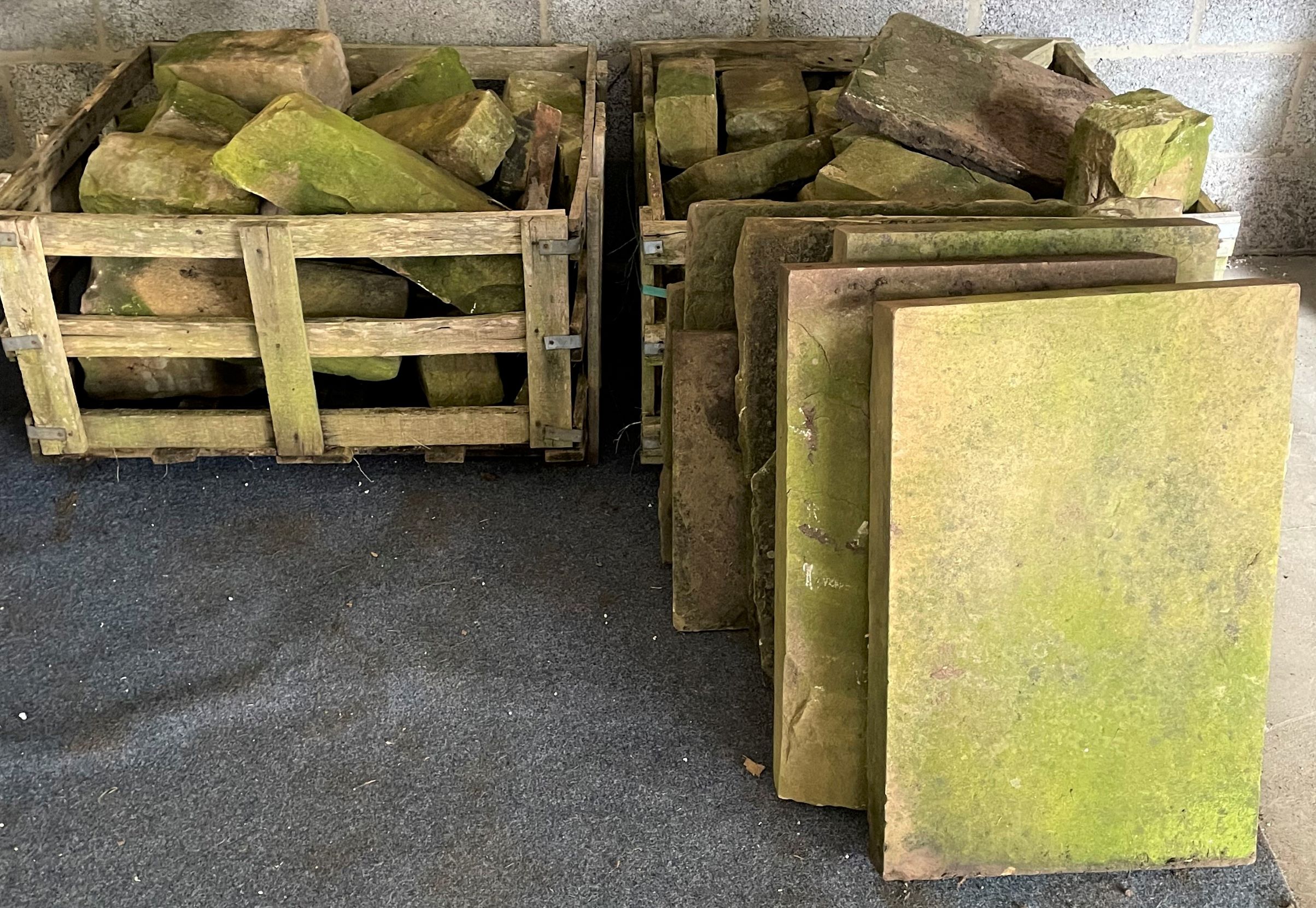 Large quantity of York stone slabs, coping stones etc