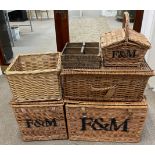 5 wicker baskets including 3 Fortnum & Mason & a Bovril box