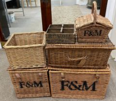 5 wicker baskets including 3 Fortnum & Mason & a Bovril box