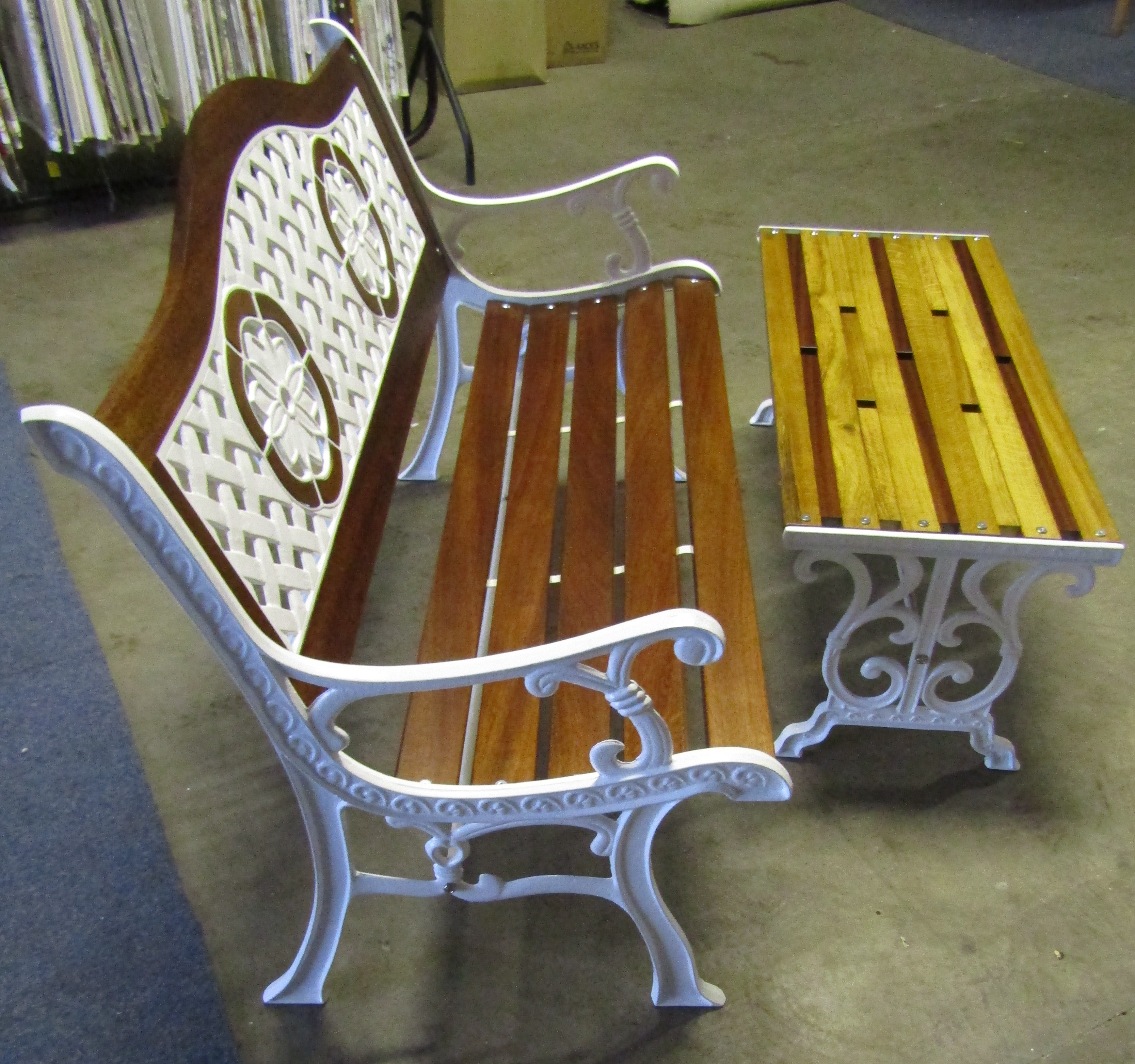 Cast iron bench and coffee table - has been grit blasted and powder coated and wood has been - Image 3 of 5