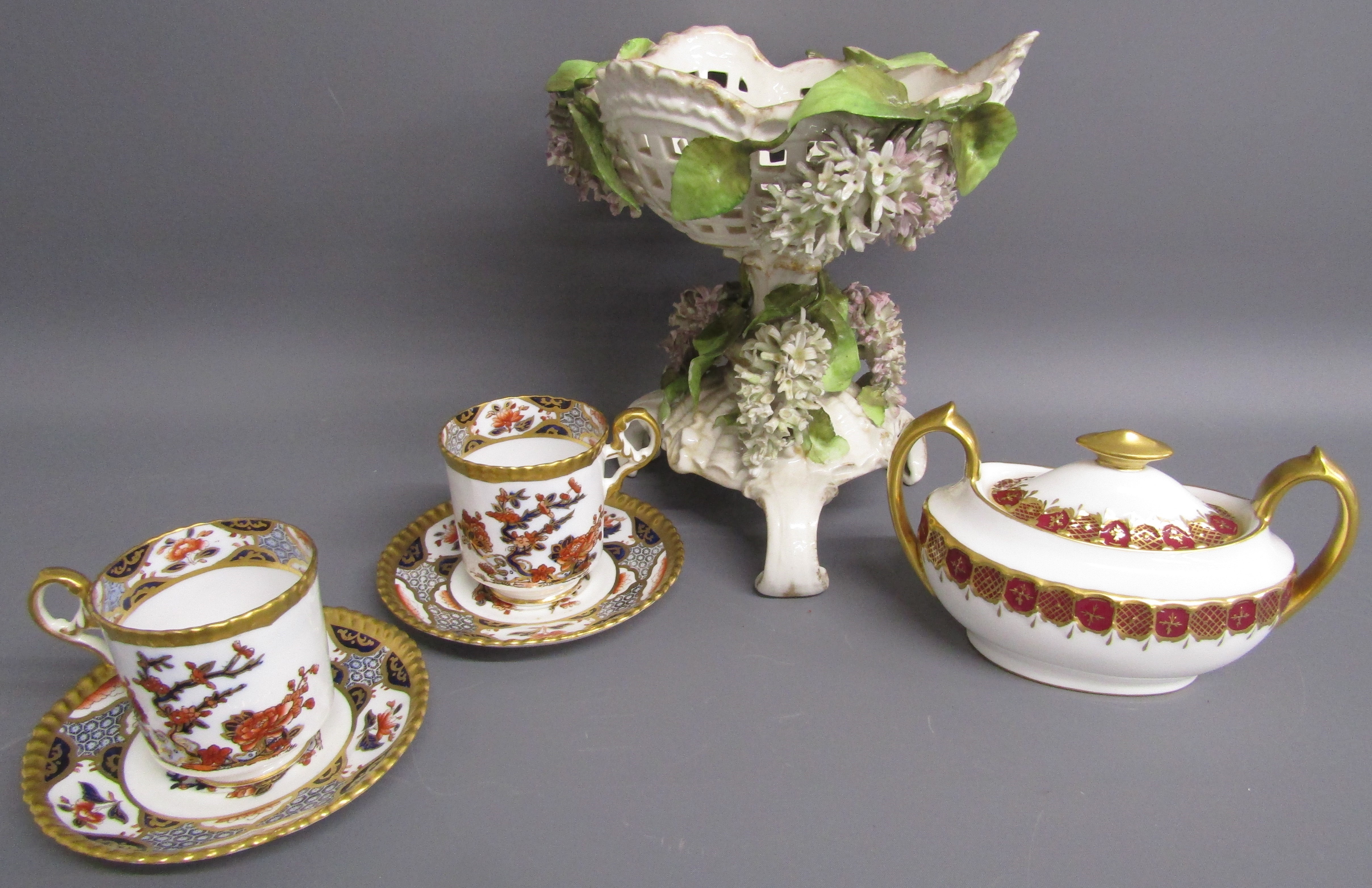 Dresden compote with applied lilac spray - Royal Crown Derby lidded sugar pot and Copeland R743 cups