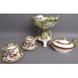 Dresden compote with applied lilac spray - Royal Crown Derby lidded sugar pot and Copeland R743 cups