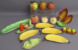 Collection of food and leaf design pots includes Carltonware banana dishes, bean carrot and onion