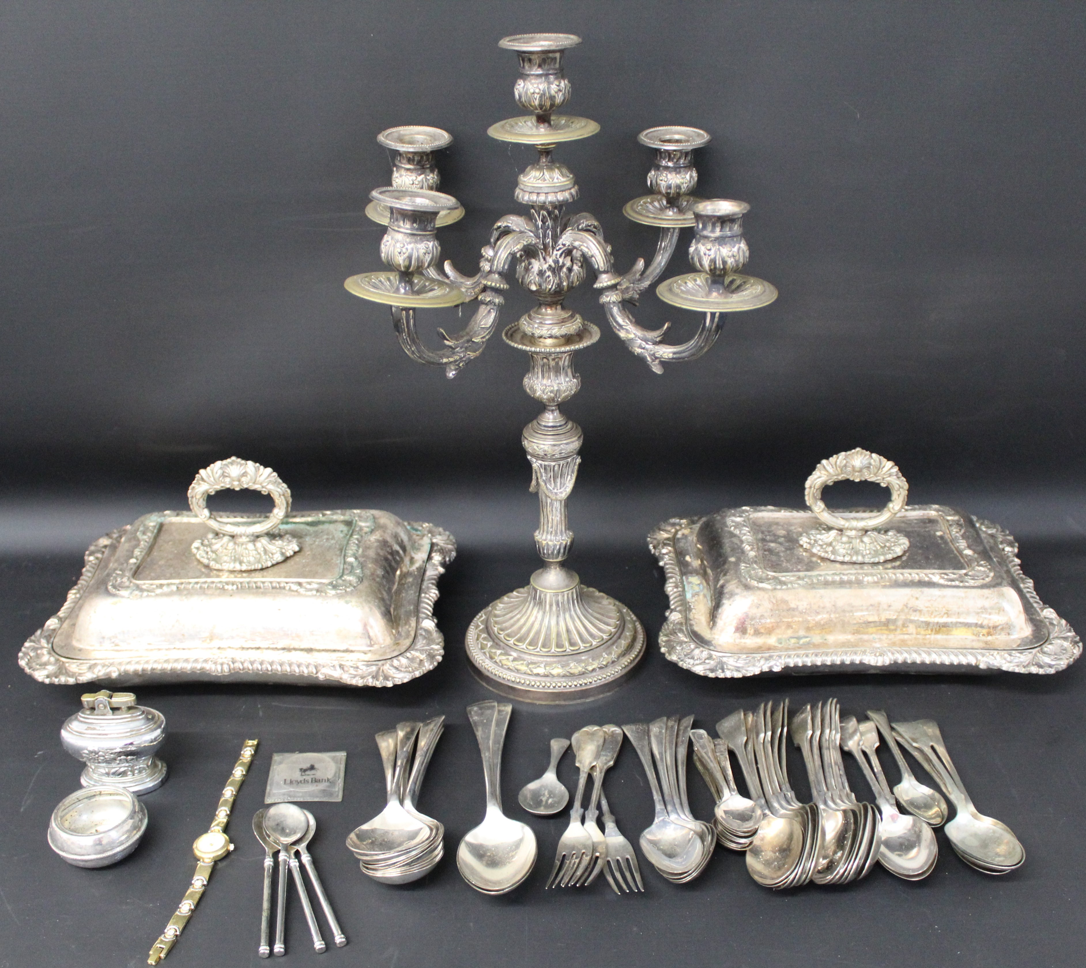 Pair of Victorian silver plated entrée dishes with detachable handles, candelabra, selection of