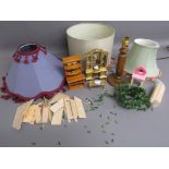 Wooden table lamp, 3 lamp shades and a small selection of doll's house furniture