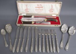 Ashberry of Sheffield horn handled carving set, silver plate fish knives and forks and 4 berry