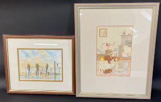 Watercolour of children getting out of a bath by Helen J Herbert (33cm by 43cm) & a watercolour of 3