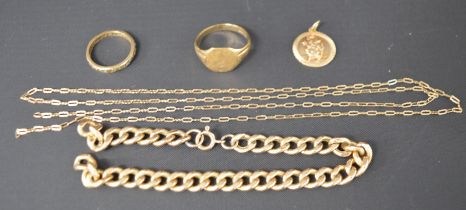 9ct gold signet ring, 9ct gold St Christopher fob, 9ct gold eternity ring (some stones missing)