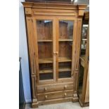 Pine display cabinet with two drawers below Ht 201cm W 108cm D 35cm