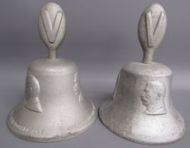 Pair of Victory bells one with writing 'cast in metal from German aircraft shot down over Britain