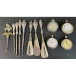 4 pocket watches (2 military issue), 3 silver handle shoe horns, 4 silver handled button hooks & a