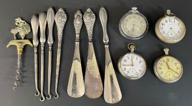 4 pocket watches (2 military issue), 3 silver handle shoe horns, 4 silver handled button hooks & a