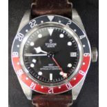 Gents Tudor GMT stainless steel wristwatch on leather strap, serial number 1865926, model 79830RB