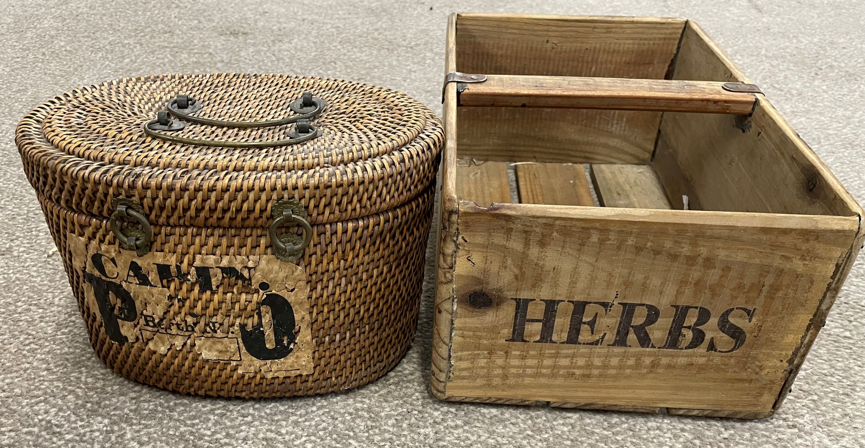 3 small wicker baskets, wooden Usher & Gleed herb box & a small wooden drawer - Image 2 of 2