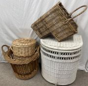 Linen basket, stair basket & 2 other wicker baskets