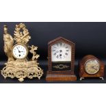 French gilt metal figural mantel clock (missing pendulum), Junghans American style clock & small