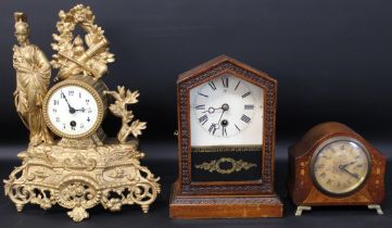 French gilt metal figural mantel clock (missing pendulum), Junghans American style clock & small