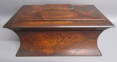 19th century rosewood sarcophagus waisted form two division tea caddy - lined central