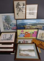 Collection of pictures includes 2 framed jigsaws, watercolour of Revesby Reservoir, pencil drawing