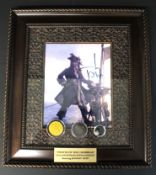 Framed Pirates of The Caribbean signed photograph of Johnny Depp, screen prop coins & gold nugget,