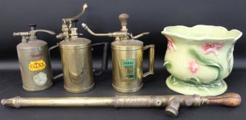 Staffordshire Ironstone jardiniere, brass Abol garden syringe & 3 brass sprayers including Eltex &