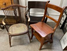 Metamorphic library chair/steps (repaired), open armchair & a wheelback open armchair