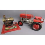 Mamod SE1A stationary steam engine and Massey Ferguson 135 tin tractor